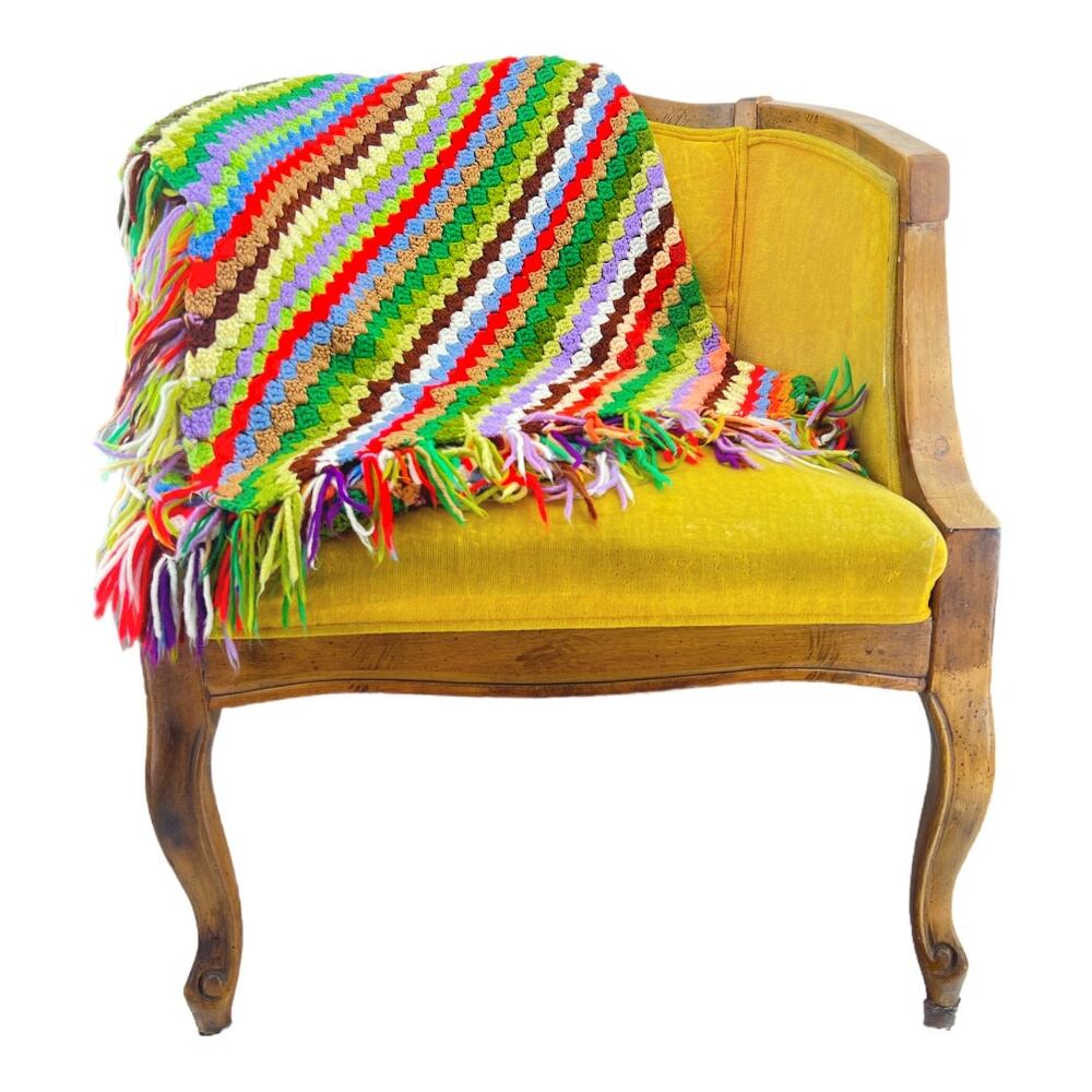 VINTAGE American Striped Hand Knit Multi Cottagecore Farmcore Afghan Blanket